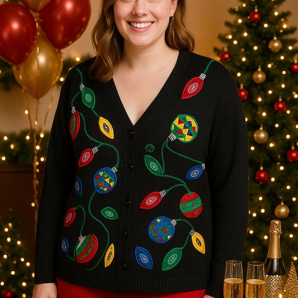 Vintage Embroidered Christmas Sweater Cardigan XXL - 90s Holiday Knit plus size - Picture 1 of 12